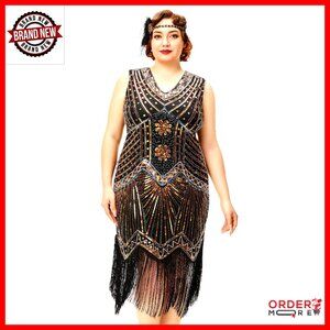 Plus Size Flapper Dress V Neck Beaded Fringe Gatsby Party